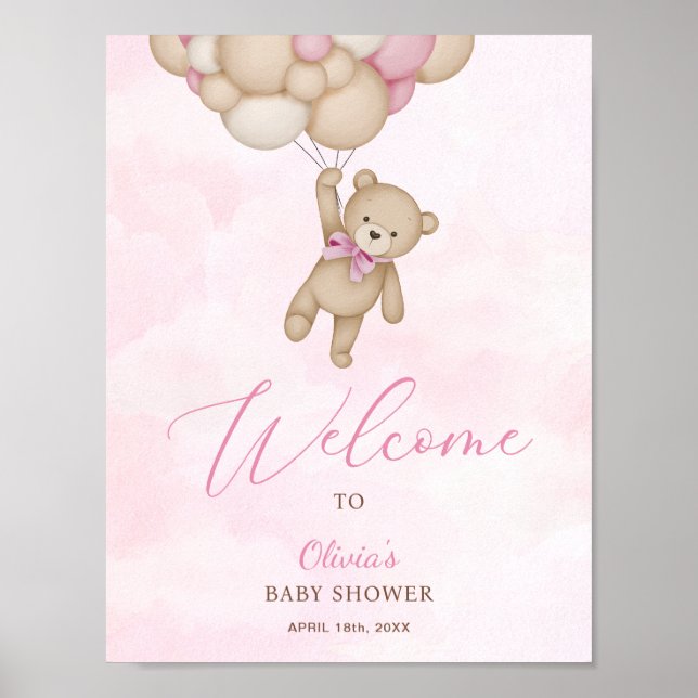 Poster We Can Bearly Wait Pink Baby Shower Welcome Sign (Frente)