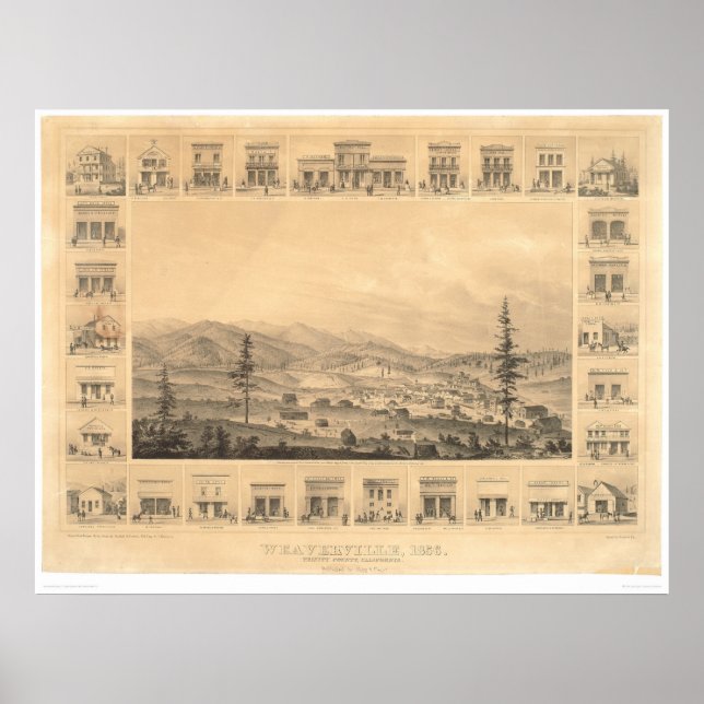 Pôster Weaverville, CA. Mapa Panorâmico 1856 (1846A) (Frente)