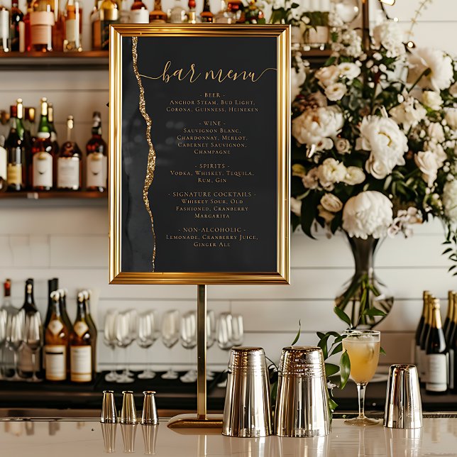 Poster Wedding Bar Menu Black Gold Agate Dark (Criador carregado)