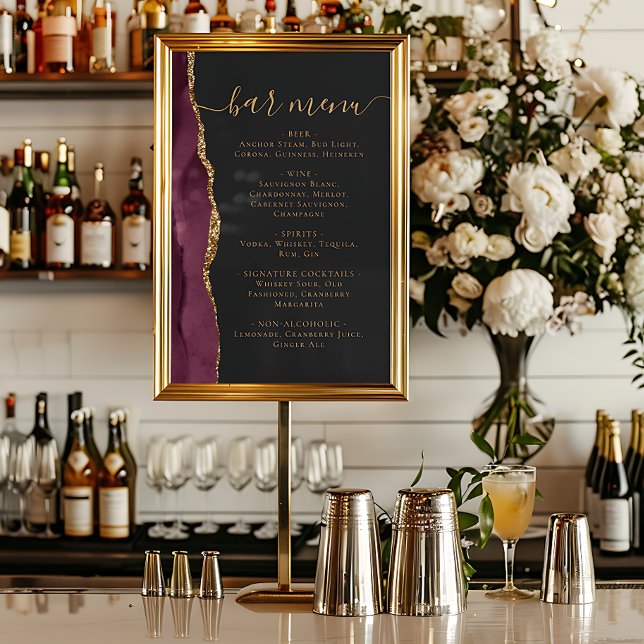 Poster Wedding Bar Menu Burgundy Gold Agate Dark (Criador carregado)