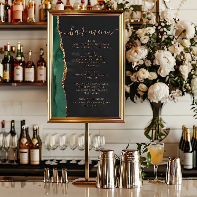 Poster Wedding Bar Menu Emerald Green Gold Agate Dark (Criador carregado)