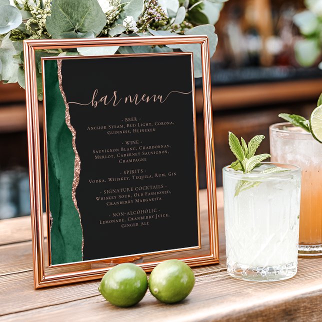 Poster Wedding Bar Menu Emerald Rose Gold Agate Dark (Criador carregado)