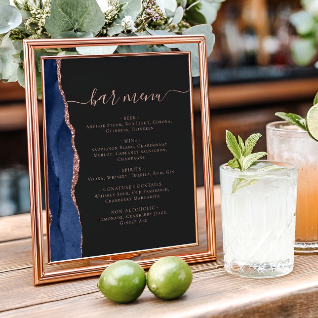 Poster Wedding Bar Menu Navy Blue Rose Gold Agate Dark (Criador carregado)