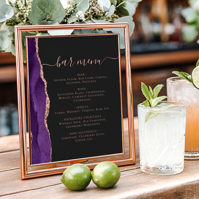 Poster Wedding Bar Menu Purple Rose Gold Agate Dark (Criador carregado)