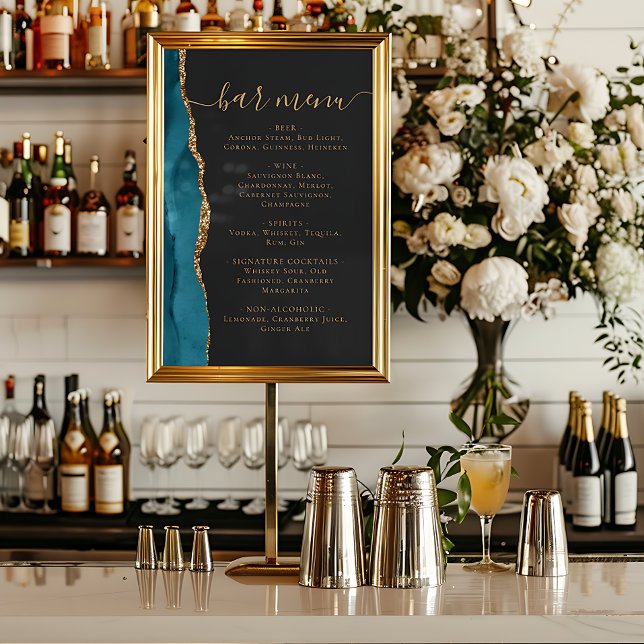 Poster Wedding Bar Menu Teal Blue Gold Agate Dark (Criador carregado)