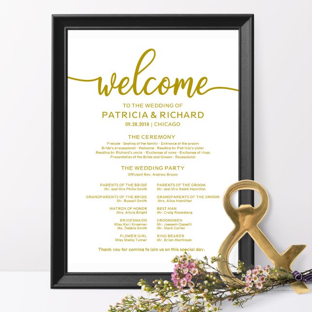 Poster Wedding Ceremony Program Gold Calligraphy (Criador carregado)