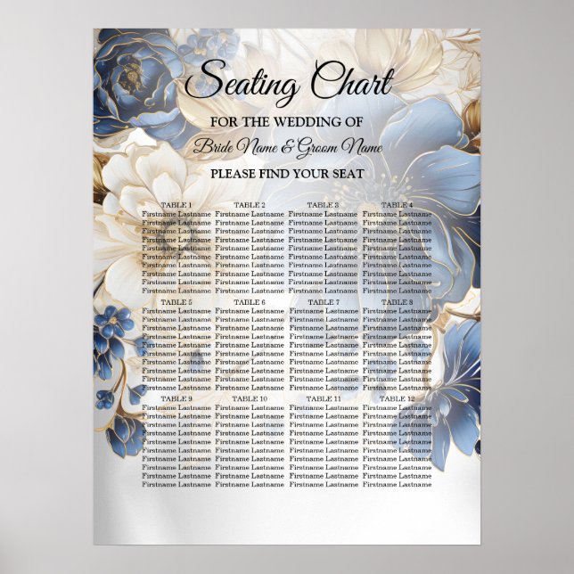 Poster Wedding Navy Blue White Golden Floral Silver (Frente)