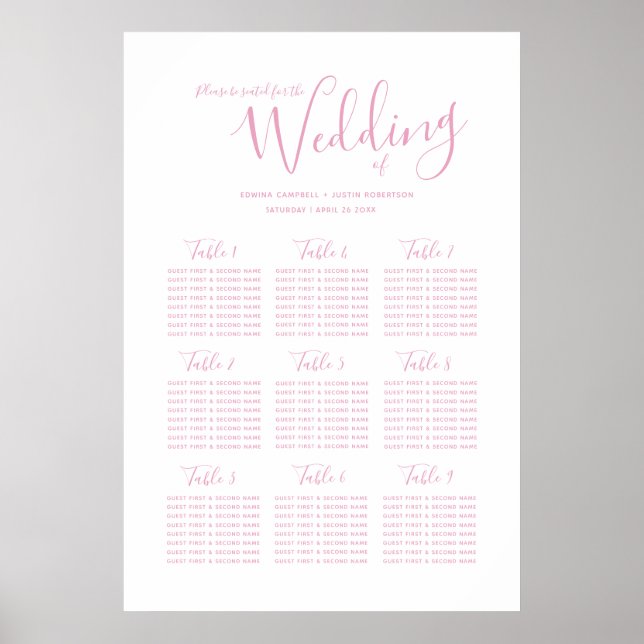 Poster Wedding pink white simple script text table plan (Frente)