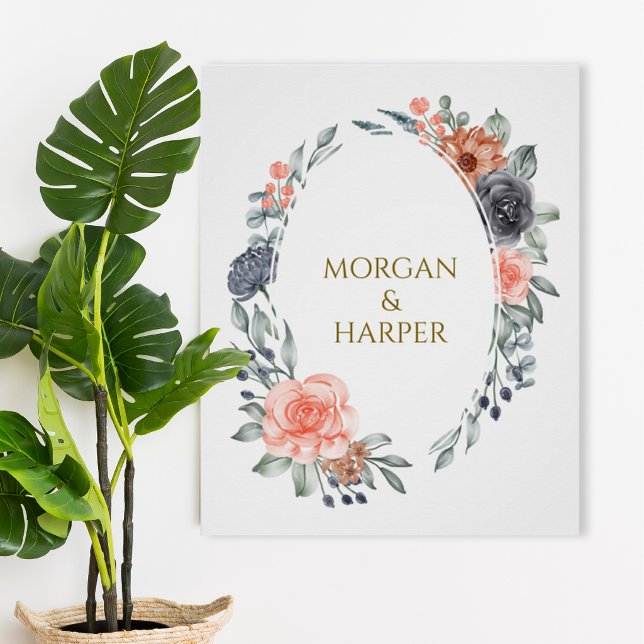 Pôster Wedding Poster With Soft Peach & Blue Flowers (Criador carregado)