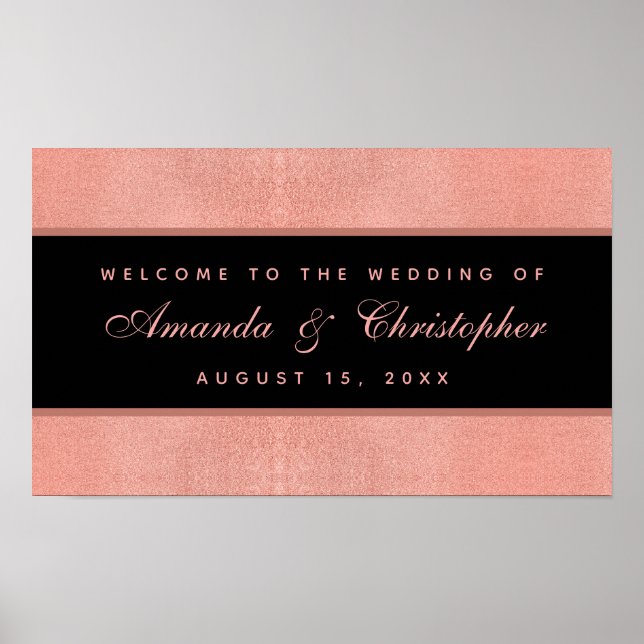 Poster Wedding Rose Gold Black Pink Script Welcome Sign (Frente)