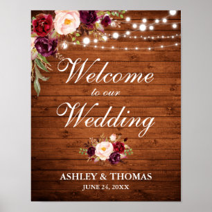 Poster Wedding Rustic Wood Lights Burgundy Floral
