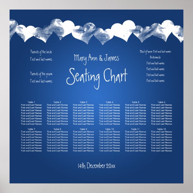 Pôster Wedding Seating Chart Grunge Hearts Blue (Frente)