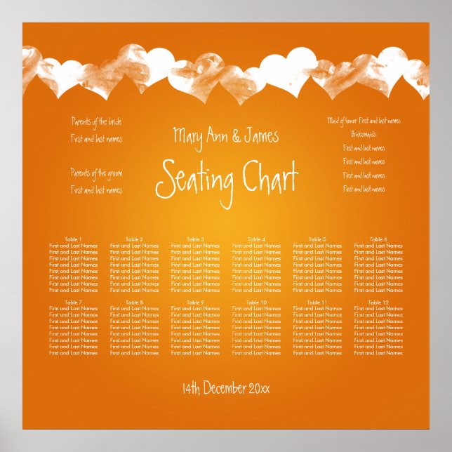 Pôster Wedding Seating Chart Grunge Hearts Orange (Frente)