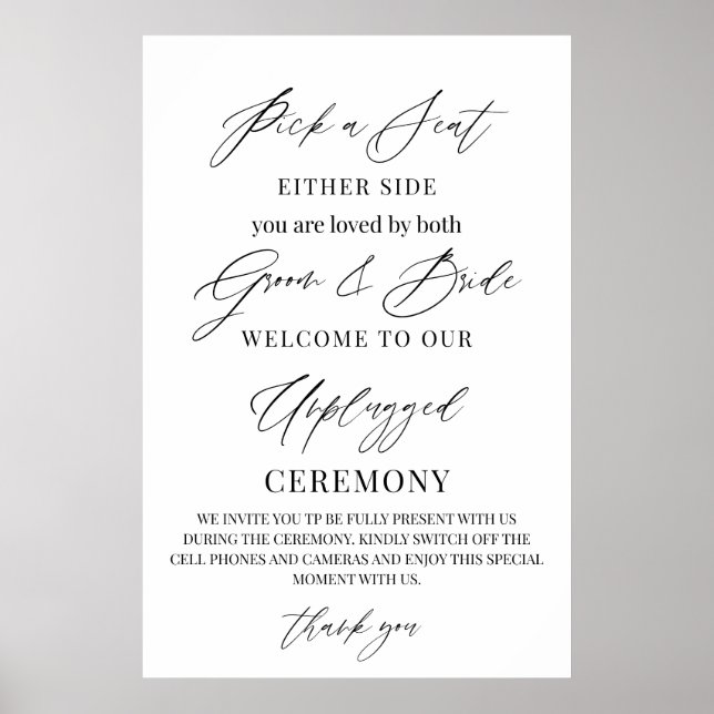 Poster Wedding Sign – Pick a Seat, Not a Side | Unplugged (Frente)