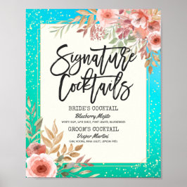 Poster Wedding Signature Cocktail Drink Menu Pink Floral