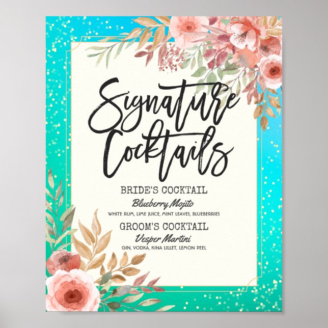 Poster Wedding Signature Cocktail Drink Menu Pink Floral (Frente)