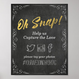 Pôster Wedding Snap Hashtag Black Gold Script Chalkboard