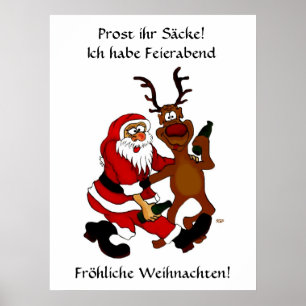 Poster Weihnachtsmann mit Elch - Prost ihr Säcke!