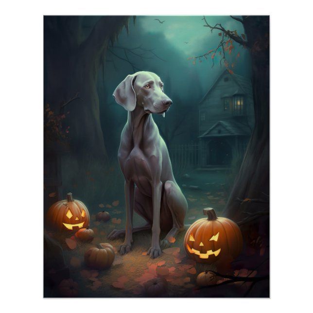 Pôster Weimaraner de Halloween com Abóboras Assustador (Frente)