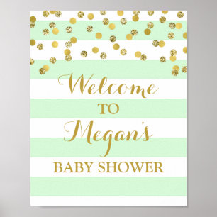 Pôster Welcome Baby Shower Sign Mint Stripe Gold Confetti