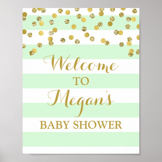 Pôster Welcome Baby Shower Sign Mint Stripe Gold Confetti (Frente)