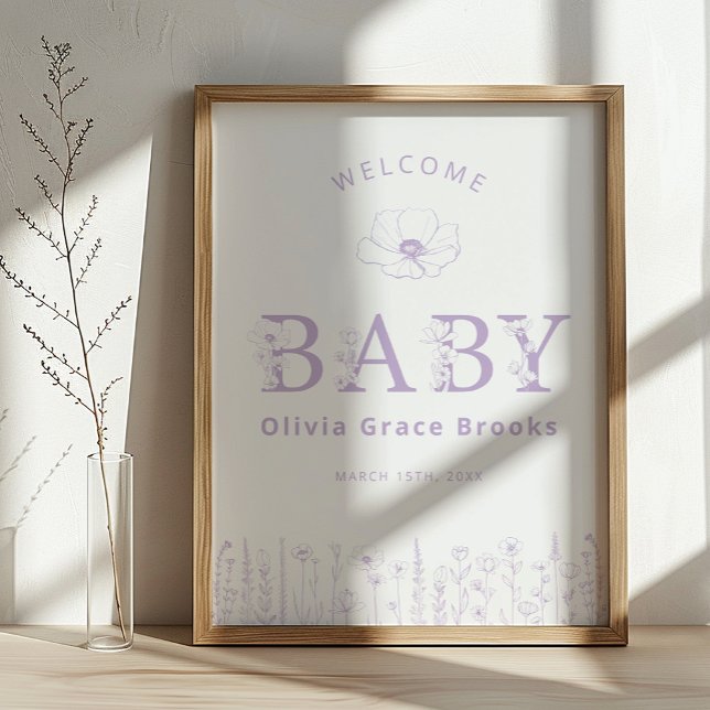 Poster Welcome Baby Wildflower Baby Shower Lavender (Lavender Baby Welcome Sign)
