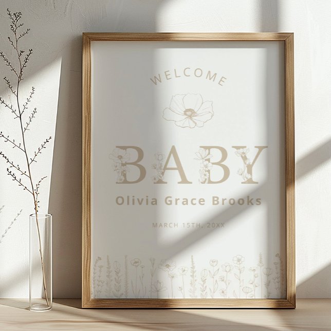 Poster Welcome Baby Wildflower Baby Shower Neutral Taupe (Welcome Baby Sign)