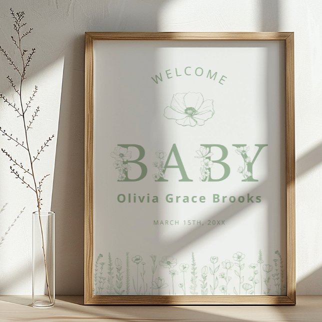 Poster Welcome Baby Wildflower Baby Shower Sage Green (Sage Green Baby Welcome Sign)