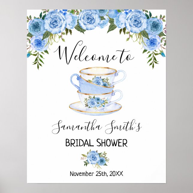 Poster Welcome Tea Bridal Shower Blue Floral sign (Frente)