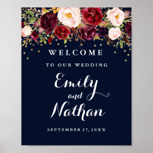 Pôster Welcome Wedding Sign Gold Burgundy Navy Floral