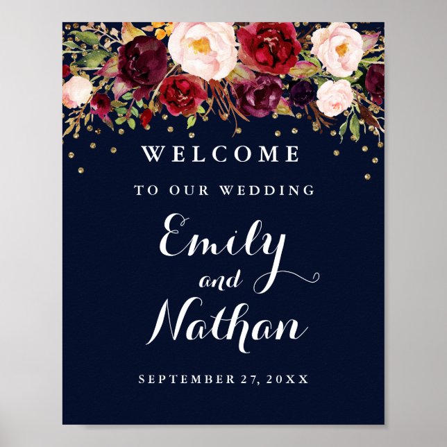 Pôster Welcome Wedding Sign Gold Burgundy Navy Floral (Frente)
