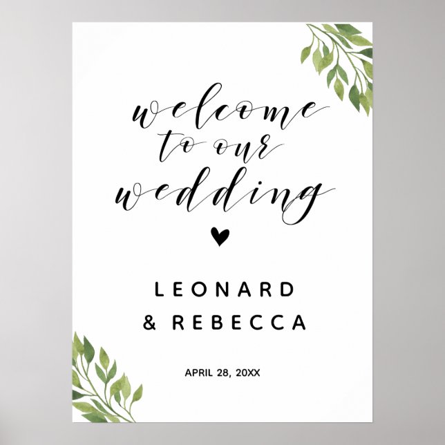 Poster Welcome wedding sign greenery botanical (Frente)