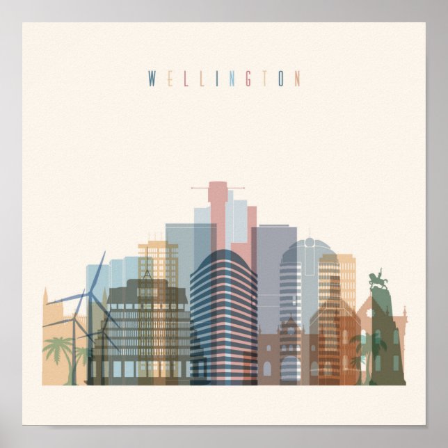 Pôster Wellington, Nova Zelândia | Linha Skyline Cidade (Frente)