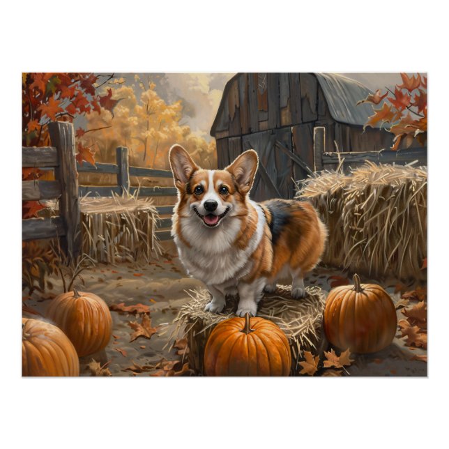Pôster Welsh Corgi Autumn Pumpkin Fazenda (Frente)
