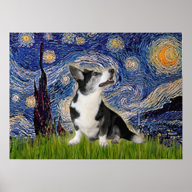 Poster Welsh Corgi Bi Black Starry Night (Frente)