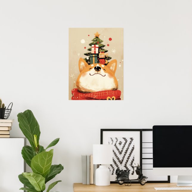 Poster Welsh Corgi brincalhão com decorações de Natal (Escritório em casa)