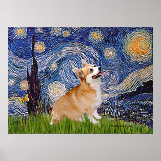 Pôster Welsh Corgi Pembroke - Noite Estrelada (Frente)