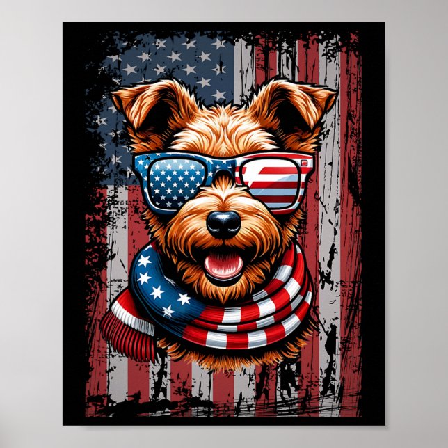 Poster Welsh Terrier Dog Sobrevoa A Bandeira Dos Eua 4 De (Frente)