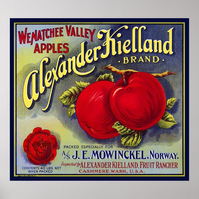 POSTER WENATCHEE VALLEY APPLES RÓTULO DA FRUTA 1910 (Frente)