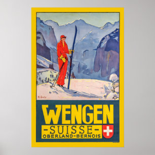 Poster Wengen Oberland Bernois Suíça Esqui Vintage