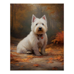 Pôster West Highland White Terrier no outono deixa cair