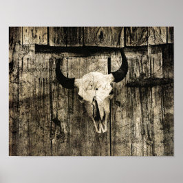 Poster Western Bull Skull Vintage Barn Brown Rustic Wood