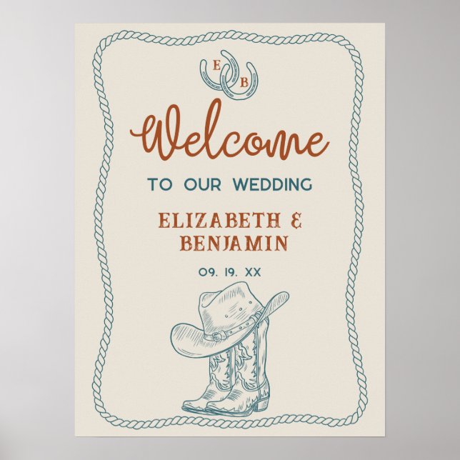 Poster Western Cowboy Boots Horseshoe Wedding Welcome (Frente)