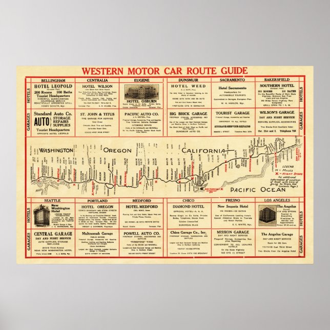 Pôster Western Motor Car Route GuidePanoramic Map (Frente)