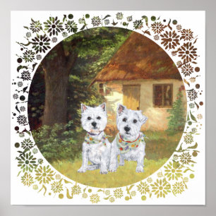 Poster Westies em um quintal de casa aconchegante