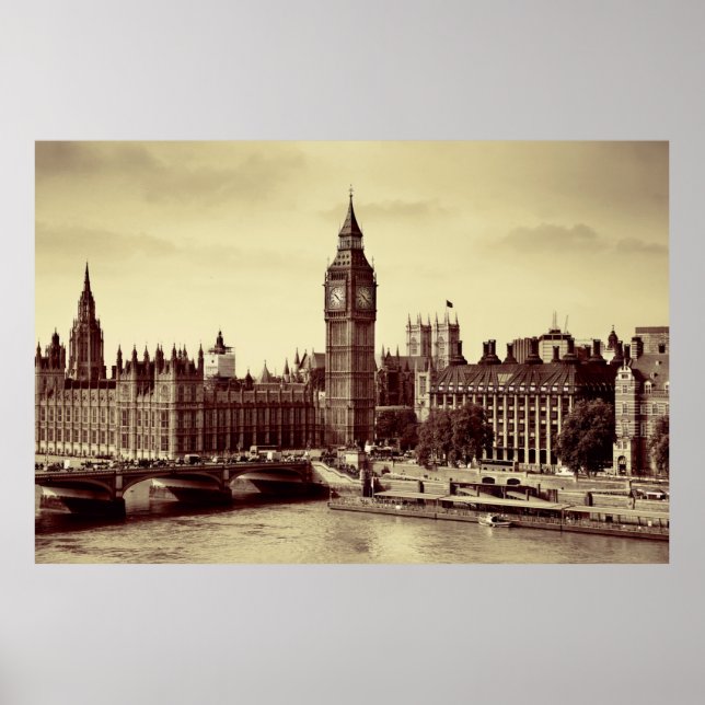 Poster Westminster de Londres com Big Ben e ponte. (Frente)
