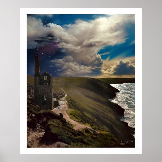 Poster Wheal Coates Cornwall com Canvas do céu surreal Pr (Frente)