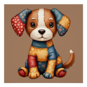 Pôster Whimsic Patchwork Puppy Folk Art Cottagecore