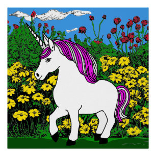 Pôster Whimsic White Purple Birthday Unicorn