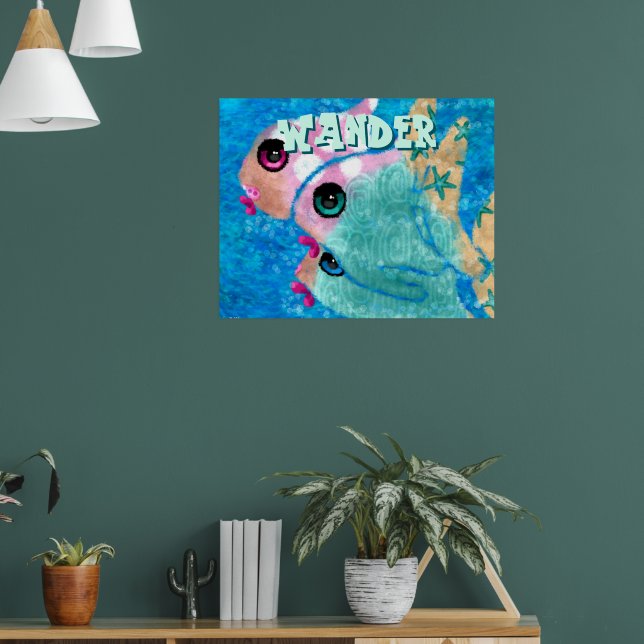 Poster Whimsical Abstract Fish Trio Blue Personalized (Sala de Estar 1)
